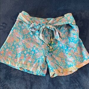 High-Waist Turquoise Floral Tie-Belt Women's Shorts